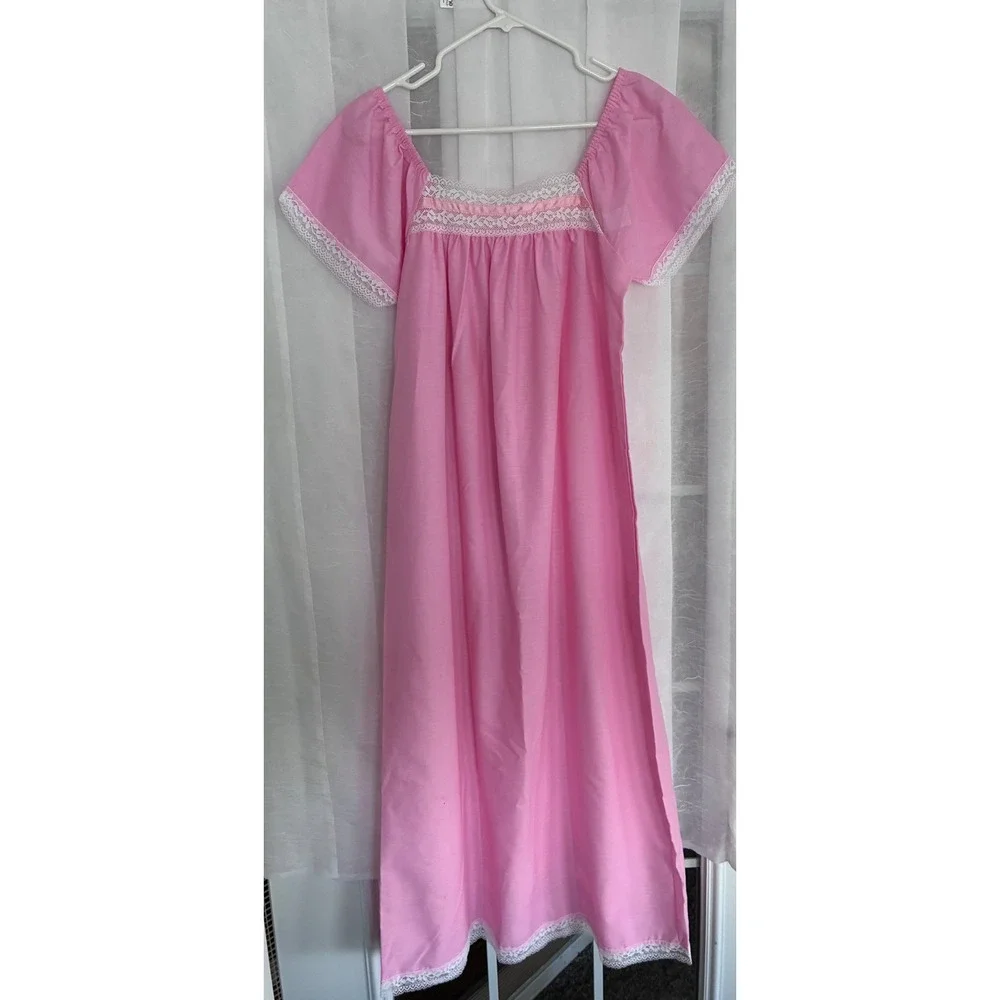Mistra Vintage Pink Lace Trim‎ Nightgown Maxi Sleepwear Medium Cottagecore Bow